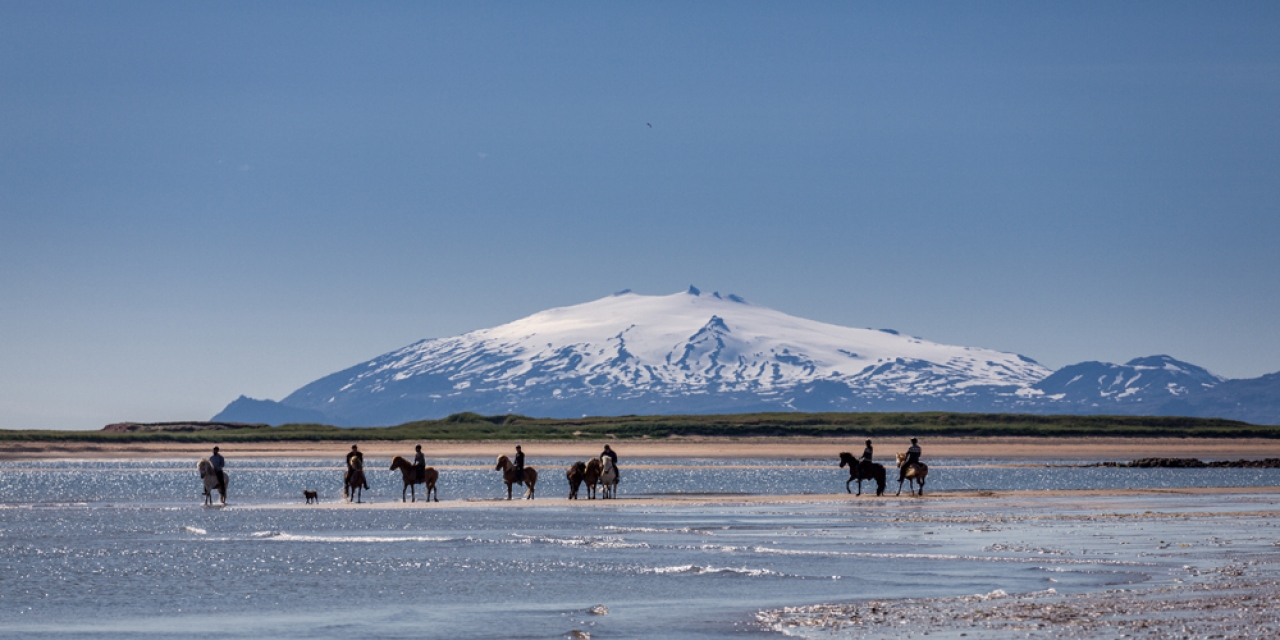 Black sand beach and glacier on Snæfellsnes peninsula