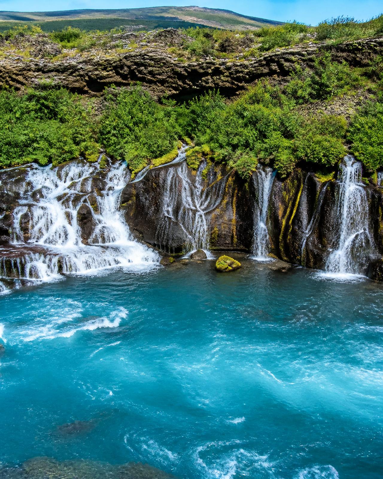 Hraunfossar — countless small streams of crystal-clear water flowing out of a mossy lava field into the Hvítá river